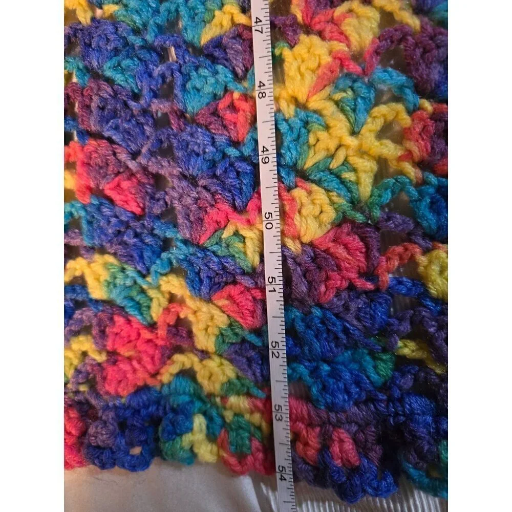 Vintage Handmade Colorful Knit Throw Blanket Pink Yellow Blue